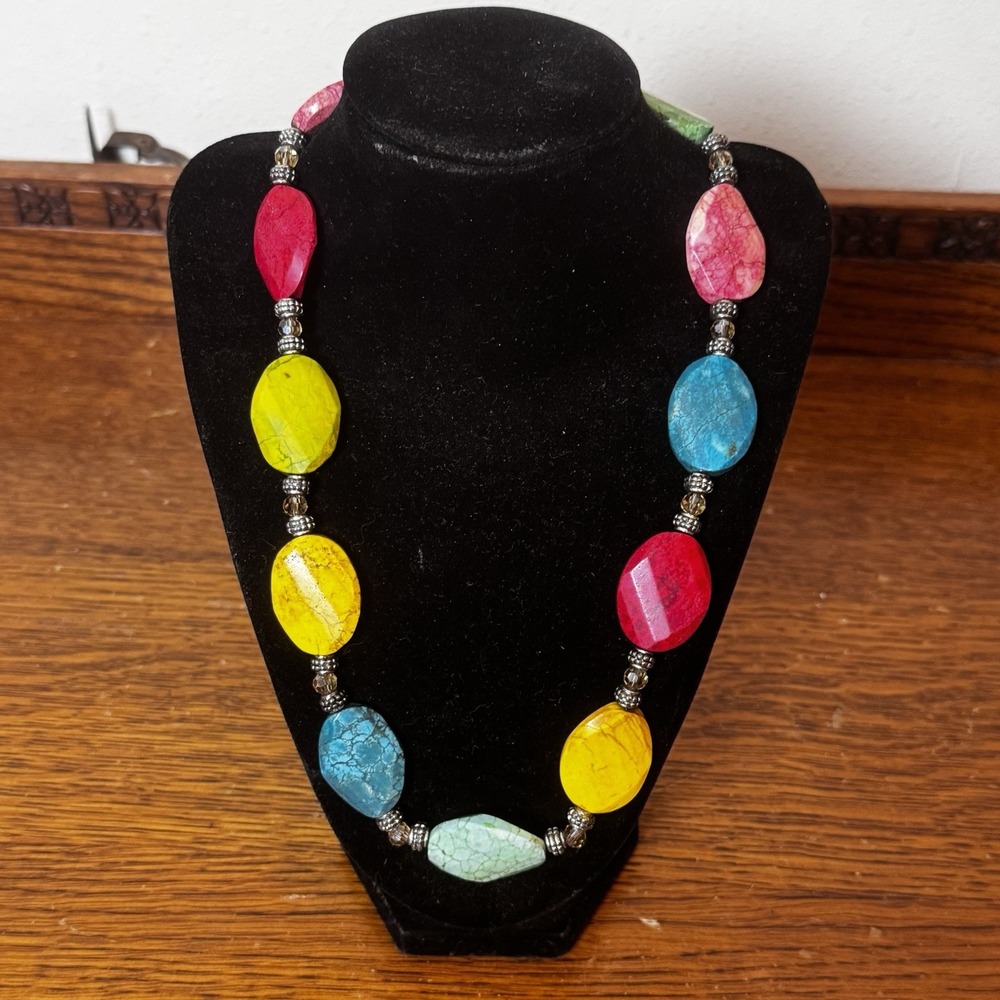 Colorful Oval Stone Bead Necklace Multicolor Statement Boho Jewelry